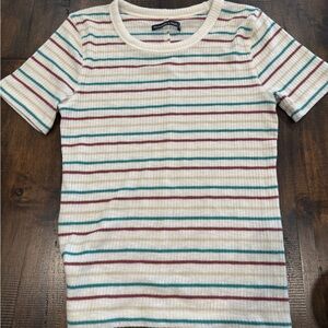 Abercrombie & Fitch Cream Short Sleeve Ribbed Top with Teal & Burgundy~Size med